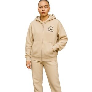 Volcom Hoodie Womens Size XL Tan Get Up Zip Logo Recycled Sweatshirt Skater New